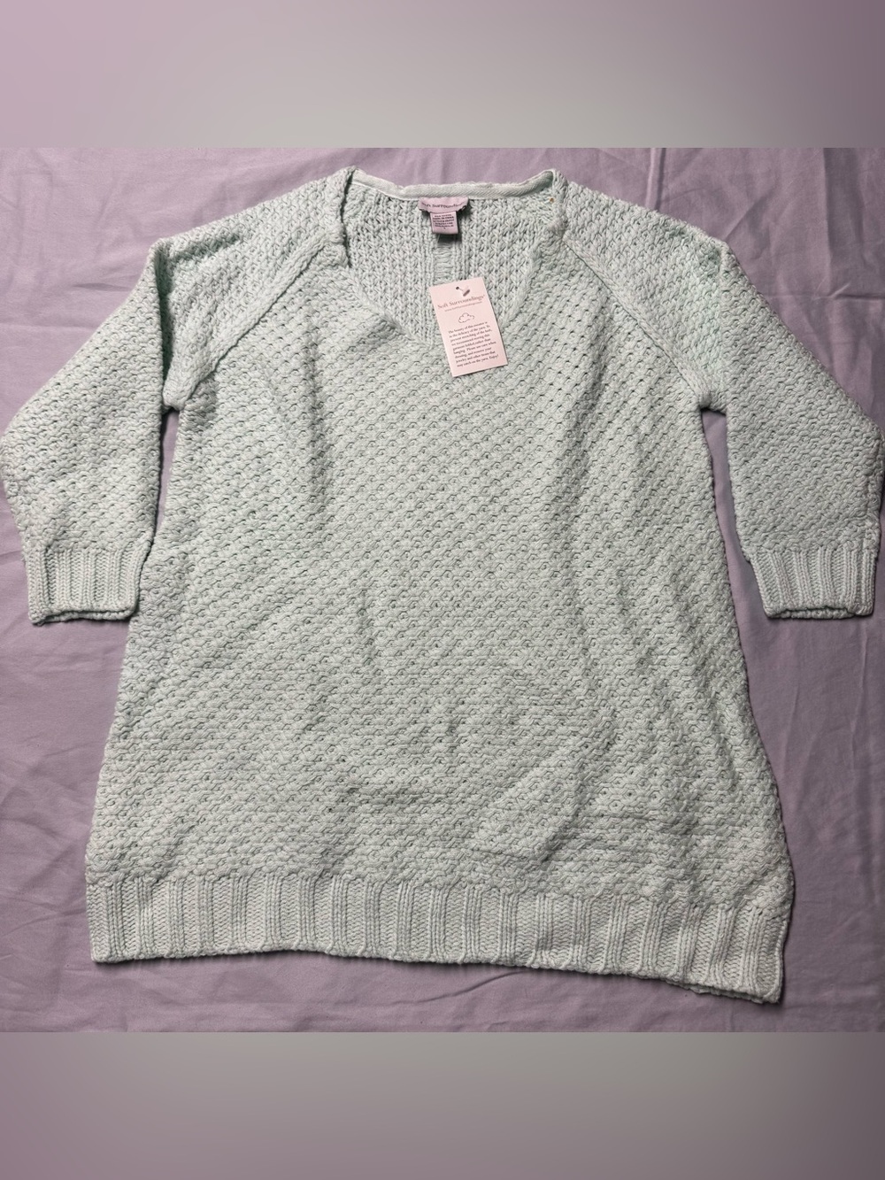 Soft Surroundings Mint Green V‑Neck Knit Sweater